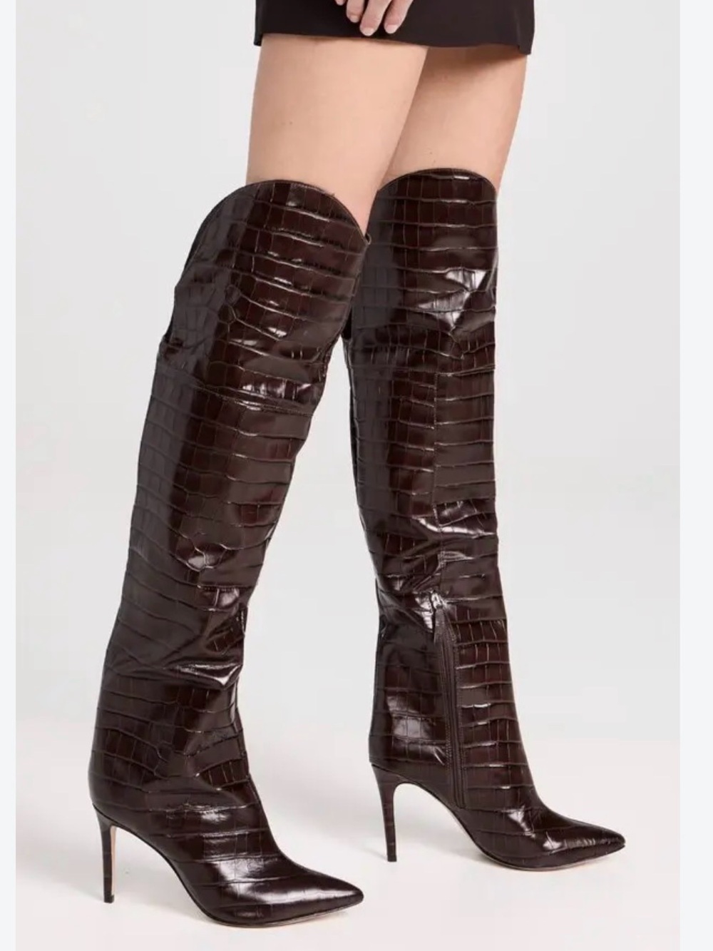 SCHUTZ Maryana Brown Croc-Embossed Knee-High Stiletto Boots